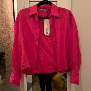 NWT Zara Hot Pink Linen Cropped Button Down Shirt